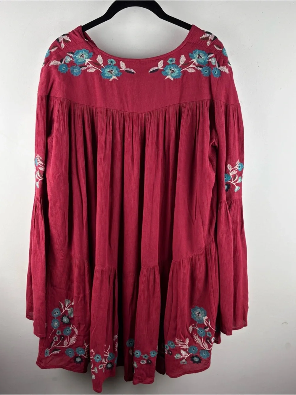 Free People Te Amo Floral Boho Mini Dress $148 Red XS Babydoll Embroidered Bell - Picture 9 of 10